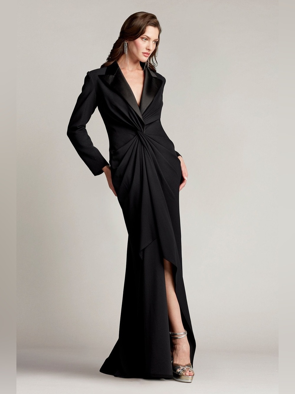 Tadashi Shoji Black Atike Satin Lapel Tuxedo Gown - S
